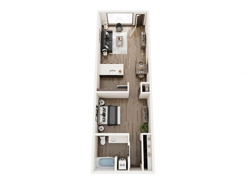 a floor plan of a studio apartment with a bedroom and a living room